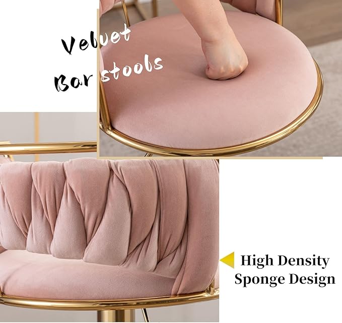LukeAlon Modern Velvet Adjustable Barstools Set of 2, 360° Swivel Counter Stools with Golden Base Upholstered Open Back Tall Bar Chairs with Footrest for Home Pub Kitchen, Pink