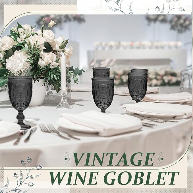 48 Pcs Plastic Goblets 7.5oz Vintage Goblet Plastic Wine Glasses Colored Retro Embossed Water Goblets for Wine Bar Juice Baby Shower Wedding Reception Grand Event Party (Black)