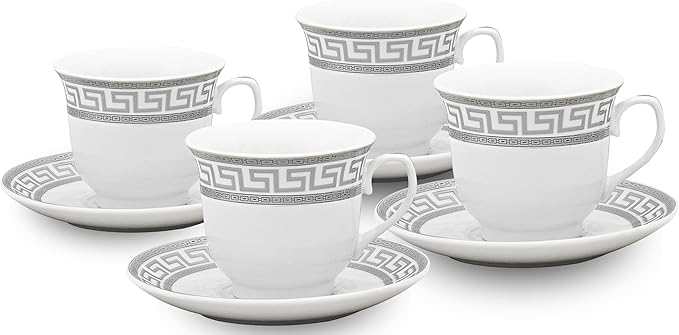 Luxurious Porcelain Tea Set - 8 Piece Vintage Tea Party Set - White with Silver Greek Key Design - 5.5 Inch Saucers, 6.5 oz Cups - For Every Day Use or Formal Occasions (Meander Silver 3008, 8 Piece)