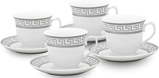 Luxurious Porcelain Tea Set - 8 Piece Vintage Tea Party Set - White with Silver Greek Key Design - 5.5 Inch Saucers, 6.5 oz Cups - For Every Day Use or Formal Occasions (Meander Silver 3008, 8 Piece)