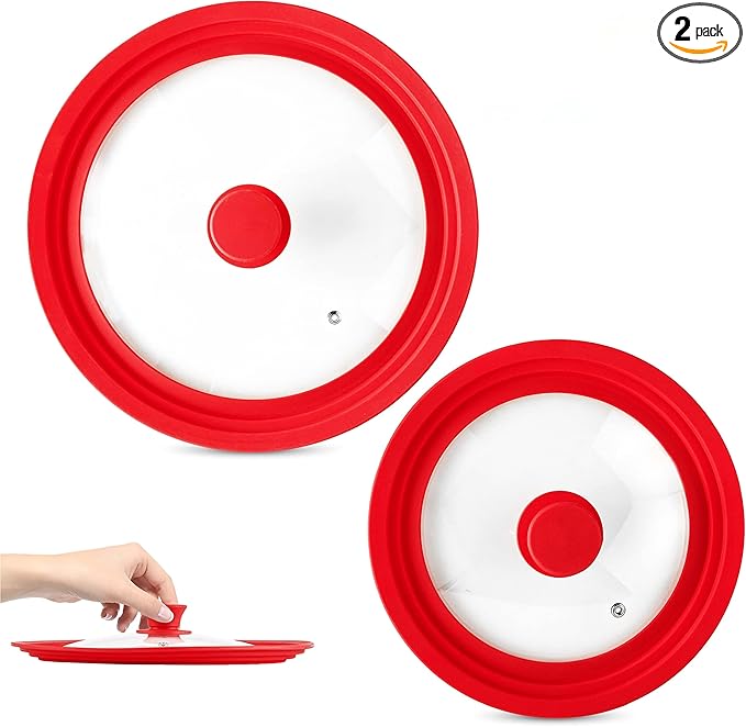 Modern Innovations Universal Lids (Set of 2) Fits 7 to 12-Inch Cookware, Silicone Replacement Pan Lid, Glass Top Covers for Skillets, Pots, Frying Pans, Cast Iron - Red
