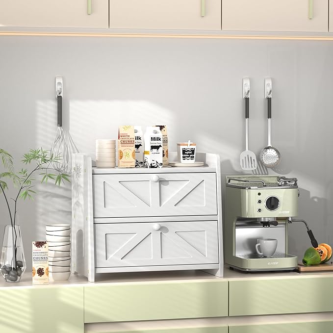 Bread Box for Kitchen Countertop, Double Layer Wooden Breadbox, Large Capacity Bread Storage Bin, Homemade Bread Storage Container, Farmhouse Breadbox Organizer, White