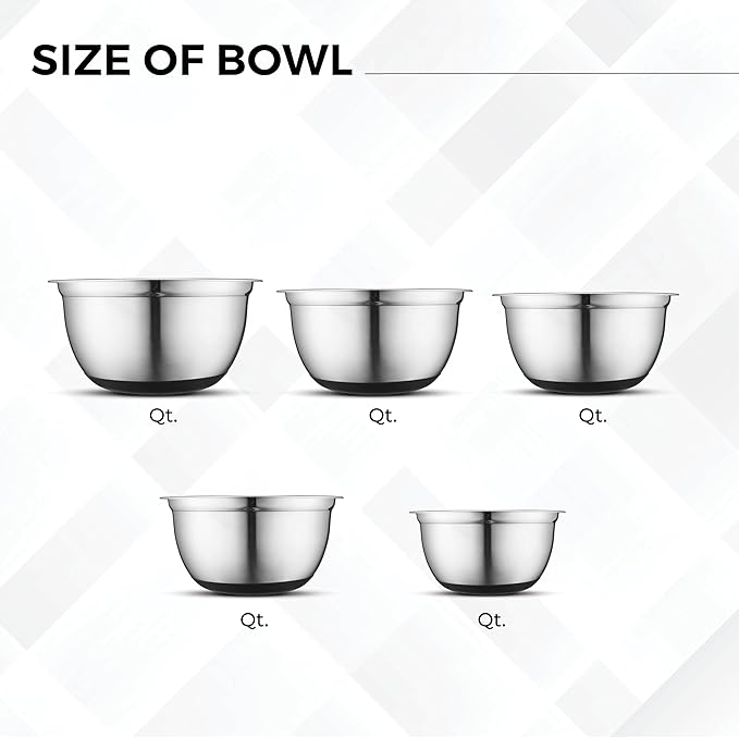 Avador Premium Stainless Steel Mixing Bowls with Lids Non-Slip, Set of 5 Mixing Bowl Set with Silicone Base, Space Saving, Great for Cooking, Baking, Prepping (0.25qt, 1qt, 1.5qt, 3qt, 5qt)