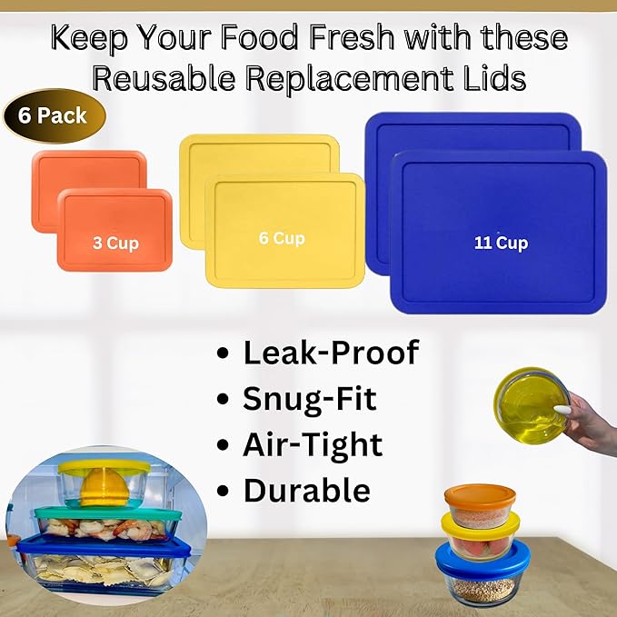 3, 6 & 11 Cup Orange, Yellow, Blue Replacement Lids/Covers for Pyrex, Anchor Hocking & KlareWare Storage Bowls *Lids Only Glass Container Not Included* (6 Pack *Two of Each Size*)