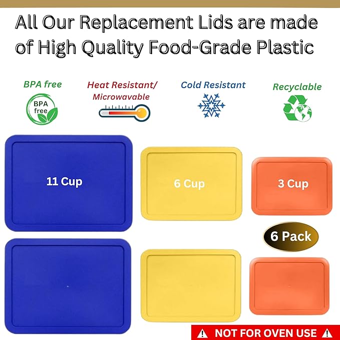 3, 6 & 11 Cup Orange, Yellow, Blue Replacement Lids/Covers for Pyrex, Anchor Hocking & KlareWare Storage Bowls *Lids Only Glass Container Not Included* (6 Pack *Two of Each Size*)