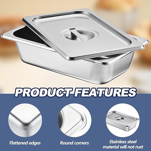 Mifoci Stainless Steam Hotel Pan with Lid, 2-1/2 Inch Deep Steam Table Pan Restaurant Supplies Reusable Anti Rust Catering Storage for Home, Party, Restaurant, Hotel, Buffet(6 Sets,1/4 Size)