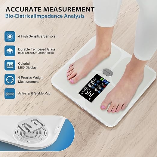 ABLEGRID Body Fat Scale,Digital Smart Bathroom Scale for Body Weight, Large Color Display Screen, 16 Body Composition Metrics BMI, Water Weigh, Heart Rate, Baby Mode, 400lb, Rechargeable (White)