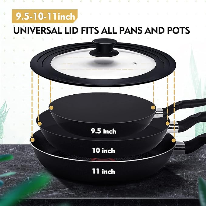 Universal Lid for Pots, Pans and Skillets, Pot Lid With Heat Resistant Silicone Rim and Tempered Glass,Fits 9.5", 10", 11" Diameter Pots and Pans