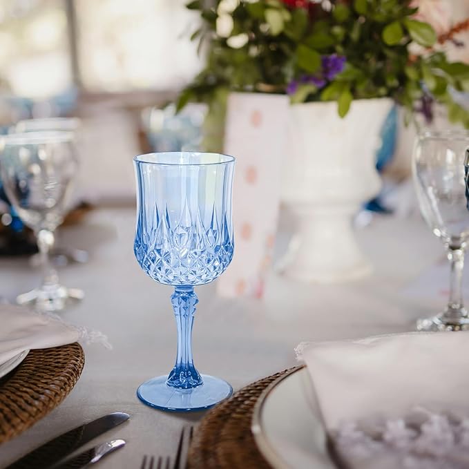 12 PCS Blue Plastic Wine Glasses Vintage Goblet, Reusable Drinkware Vintage, Plastic Blue Wine Glasses for Baby Shower Wedding Reception Grand Event Party, 7 OZ