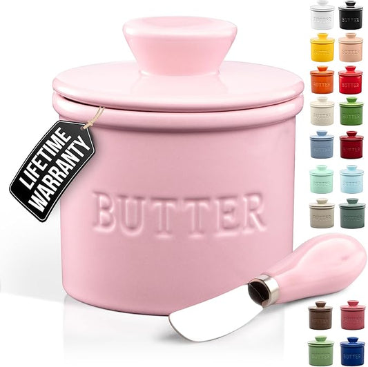 Zulay Kitchen Porcelain Butter Crock With Lid & Knife - Authentic French Butter Dish For Fresh & Spreadable Butter - Pink