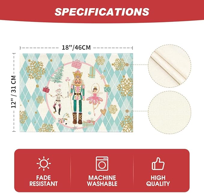 Blue Diamond Plaid Nutcracker Christmas Placemats Set of 4, 12x18 Inch