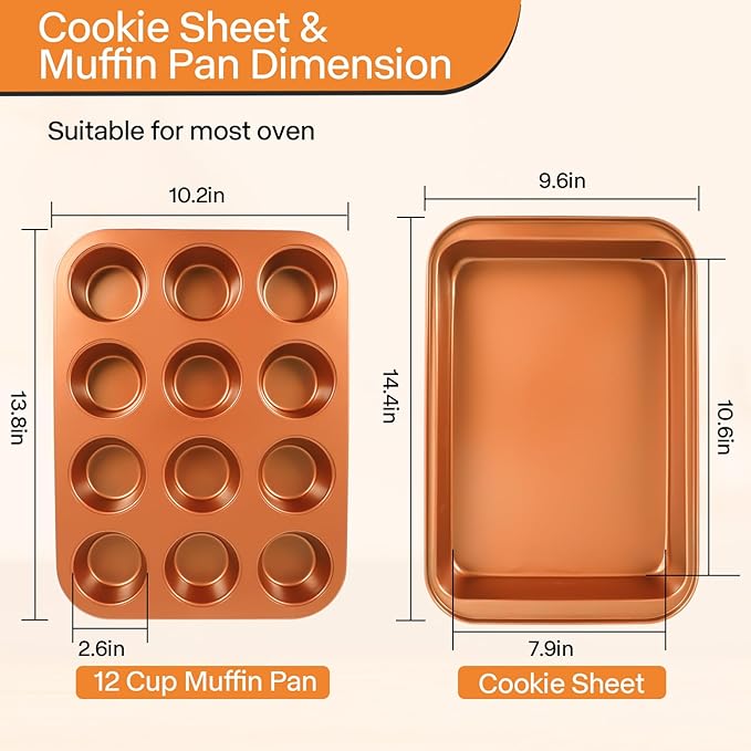 Baking Pans Set 6-Pieces, Non Stick Bakeware Set Stackable, with Cookie Sheet, Muffin, Round/Square Cake Pan, Loaf Pan, Rack, Oven Mitt for Home Baker, Gold