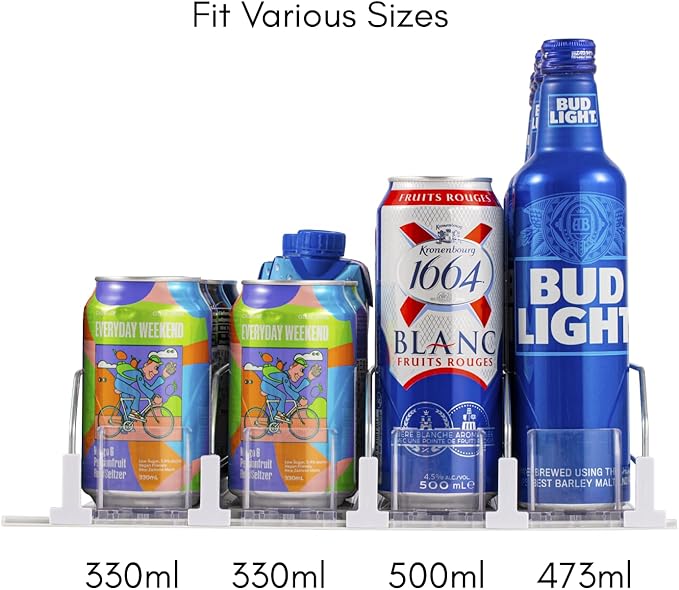 RULA Drink Organizer for Fridge, Self-Pushing Soda Can Dispenser for Refrigerator, Width Adjustable Water Bottle Pusher Glide - Holds up to 20 Cans (15" D, 4 Rows)