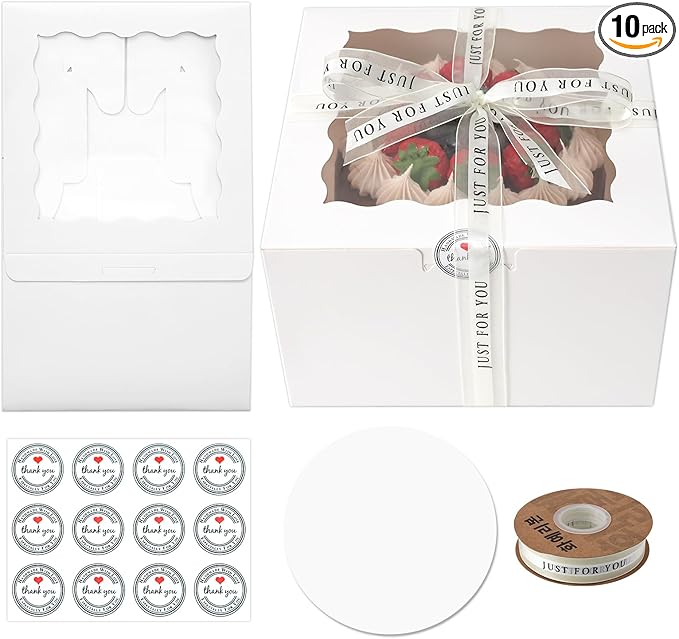 8x8x5 Cake Box, 28 Sets Cake Box with Window ＆ 28 Sets 8" White Cake Round Boards, 8inch Cake Containers(White, 885inch/28pcs)