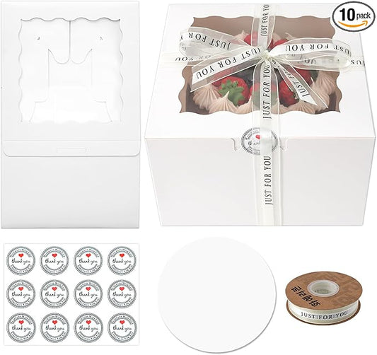 8x8x5 Cake Box, 28 Sets Cake Box with Window ＆ 28 Sets 8" White Cake Round Boards, 8inch Cake Containers(White, 885inch/28pcs)