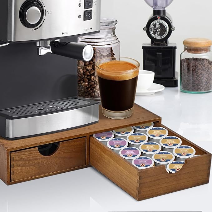 Wooden coffee capsule storage box, coffee machine stand base, kitchen tea set storage, tea set organizer K Pod Dual case Drawer
