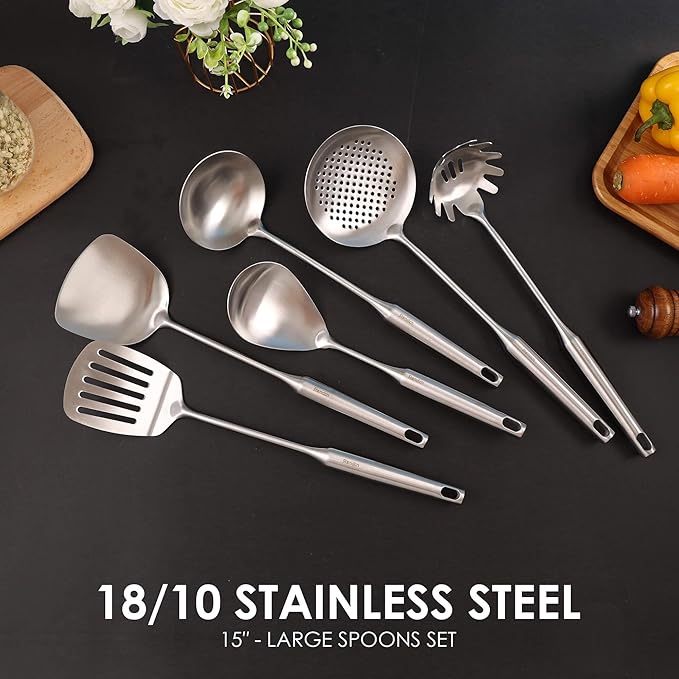 18/10 Stainless Steel Kitchen Utensils Set - 15’’ All Metal Cooking Utensils with Countertop Rotating Holder Stand, Spatula, Ladle, Skimmer, Slotted Turner, Pasta, Large Spoon Set of 7
