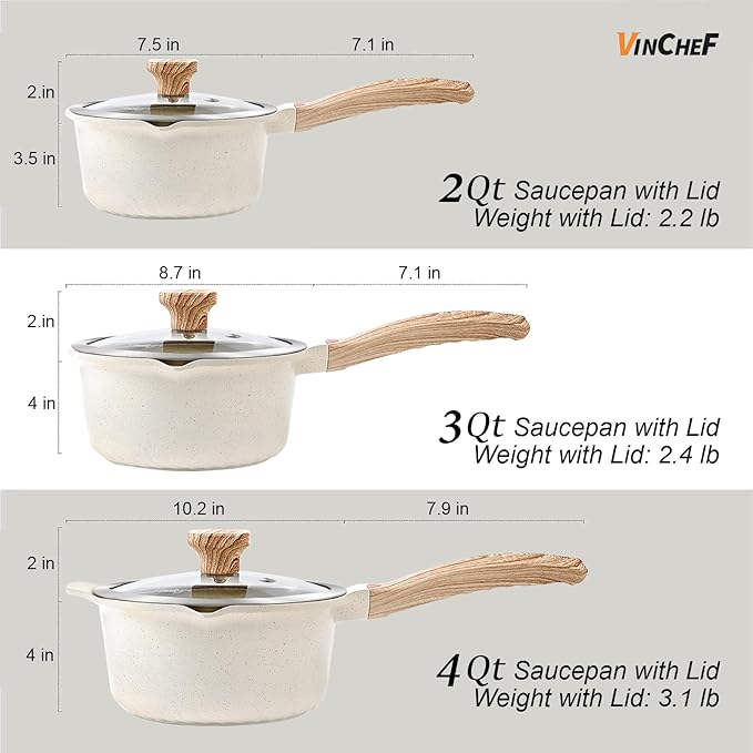 VINCHEF Sauce Pan Set with Lid 10PCS, 3 White Non Stick Cooking Pots Induction pot sets, Saucepan Set with Silicone Tools and Pot Protectors, PFAS and PFOA Free (2QT+3QT+4QT)
