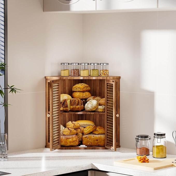 Acacia Corner Bread Box for Kitchen Countertop, Large Double Layer Wooden Bread Storage with Glass Doors