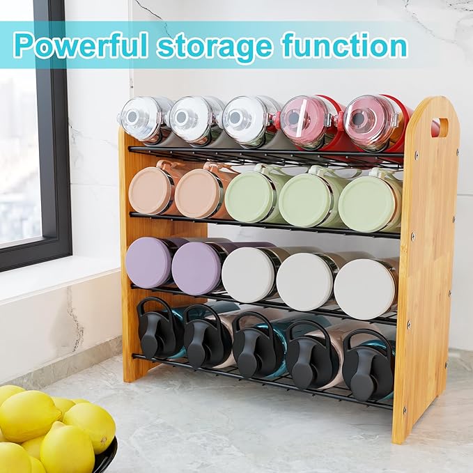 4 Tier Water Bottle Organizer, Stackable Bamboo Water Bottle Holder, Water Bottle Storage Rack Tumbler Travel Mug Cup Organizer for Kitchen Cabinet Countertop Pantry (Black)