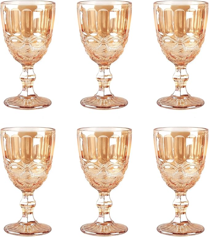 Vintage Wine Glasses Set of 6, 10 Ounces Colored Glass Water Goblets, Unique Embossed Pattern High Clear Stemmed Glassware Wedding Party Bar Glass Drinking Cups Floral Amber