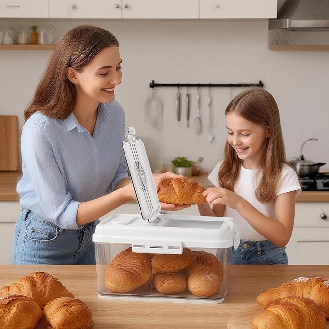 Bread Box For Kitchen Countertop With Bread Clip, Airtight Bread Storage Container, Time Recording Bread Keeper with Lid For Homemade Breads, Toast, And Cookies, White Bread Holder.
