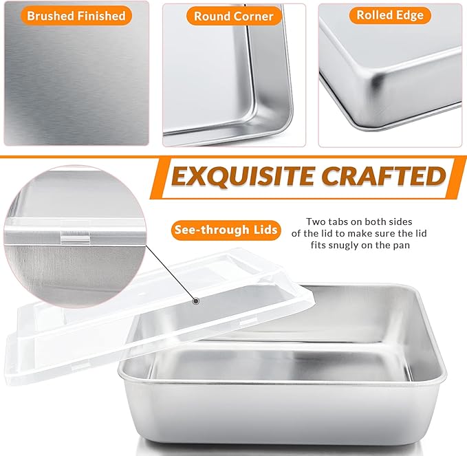 8 x 8-Inch Square Baking Pan with Lid, E-far Stainless Steel Square Cake Brownie Pan, Fit for Toaster Oven, Non-toxic & Healthy, Easy Storage & Dishwasher Safe - 2 Pieces(1 Pan + 1 Lid)