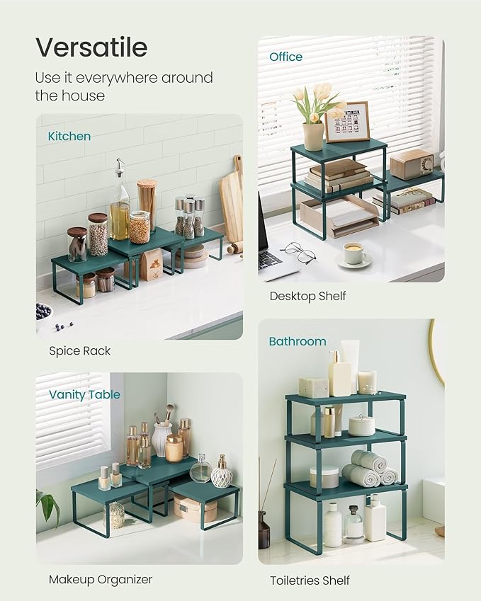 SONGMICS Cabinet Organizer Shelf, Set of 3 Kitchen Counter Shelves, Kitchen Storage, Spice Rack, Stackable, Expandable, Cascade Green UKCS220C01V1