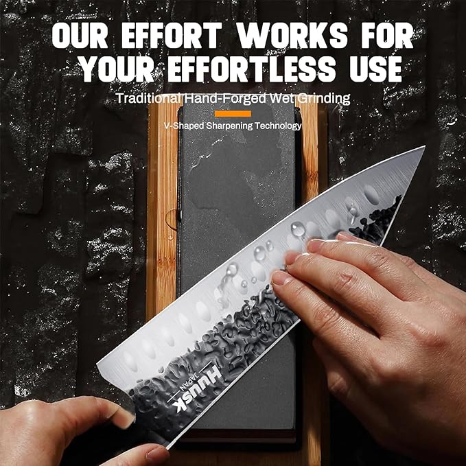 Huusk Knives from Japan Santoku knife - Hand Forged Chef Knife for Meat Cutting - Ideal Kitchen Knife Made From a Single Piece of High Carbon Steel - Full Tang Wooden Handle - Viking Gift for Men