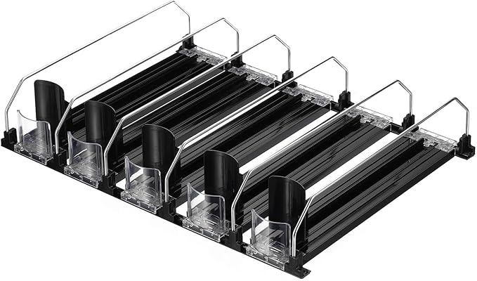 uxcell 5pcs Soda Can Organizer for Refrigerator, Self-Pushing Drink Organizer for Fridge, Width Adjustable Drink Dispenser Beverage Pusher For Pantry Vending Machine, Black