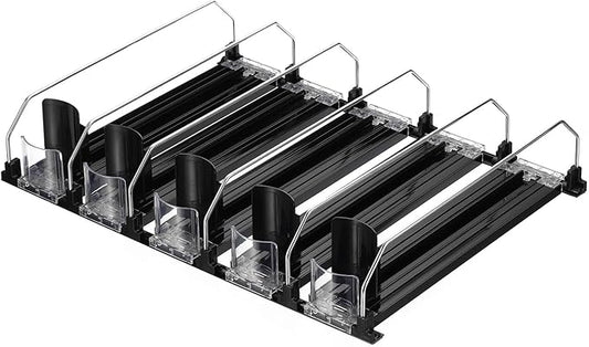 uxcell 5pcs Soda Can Organizer for Refrigerator, Self-Pushing Drink Organizer for Fridge, Width Adjustable Drink Dispenser Beverage Pusher For Pantry Vending Machine, Black