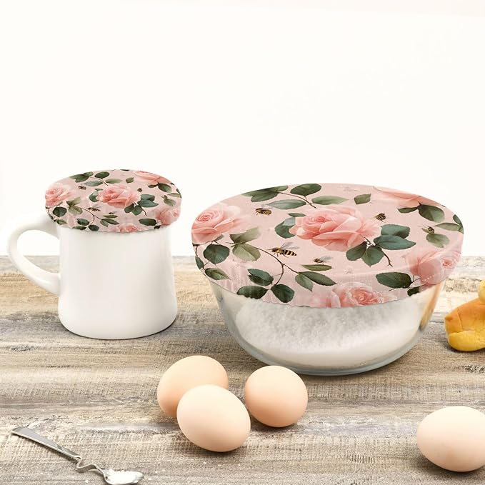 5 Pcs Bowl Covers Reusable in 5 Size Elastic Food Cover Cloth Lids Fresh Keeping Dish Cookware Bakeware Fabric Covers Lids for Food Leftovers Fruits Storage Pastel Pink Rose and Honeybees