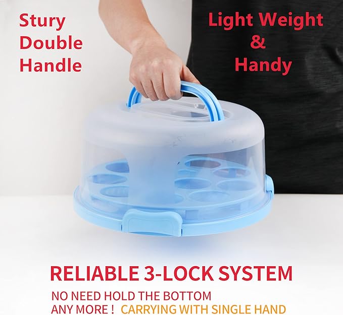 Portable Cake Carrier with Handle, Round Cupcake Holder with Lid, Plastic Storage Container Box fit 10 inch Cake, 3-Locking Muffin and Pies Keeper with Cover (Blue)