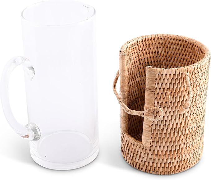 Vagabond House Light and Stylish Glass Carafe, Insulated Ice Tea Pitcher with Removable Rattan Cover, Easy Cleaning, Dishwasher Safe, Built in Coaster - Ideal Table Centerpiece for Boho House