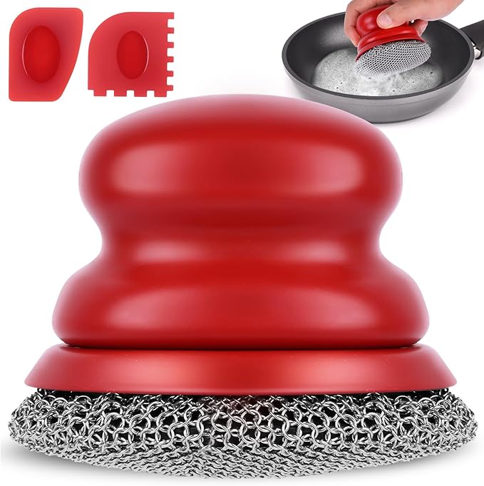 Onewly Cast Iron Scrubber and Scraper, Chain Mail Scrubber Cast Iron for Cleaning Dishes, Stock Pots, Pans, Griddles, Grills, Dish Scouring Pads
