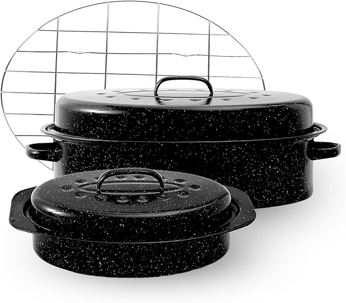 Enamel Roasting Pan With Lid and Rack 13" 18"Granite Roaster Pans Set With Rack Suitable Cooking Poultry Baking Turkey Bread Beef Resists Up to 932°F,Dishwasher Safe,Holiday Gifts CookWare