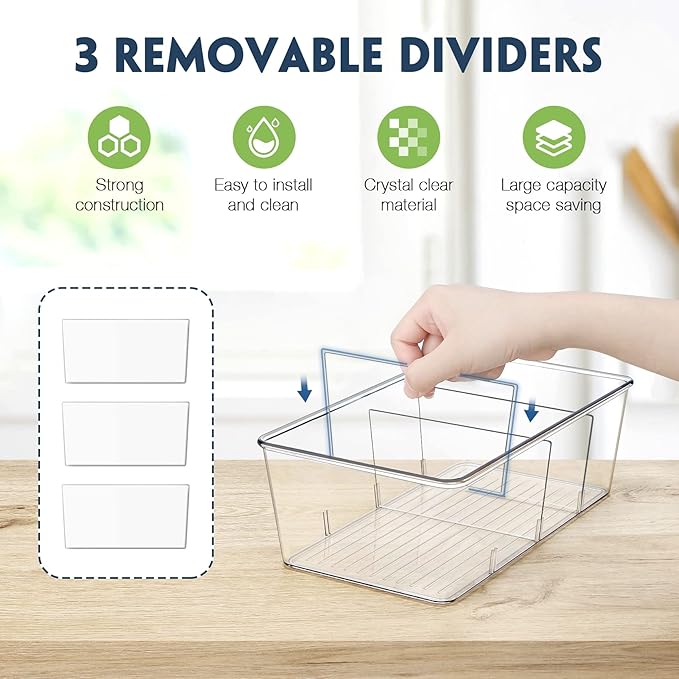 Batoto Pantry Organization and Storage Bins, Refrigerator Organizer Bins – Clear, Kitchen Organization and Storage with Dividers (2 Pack)