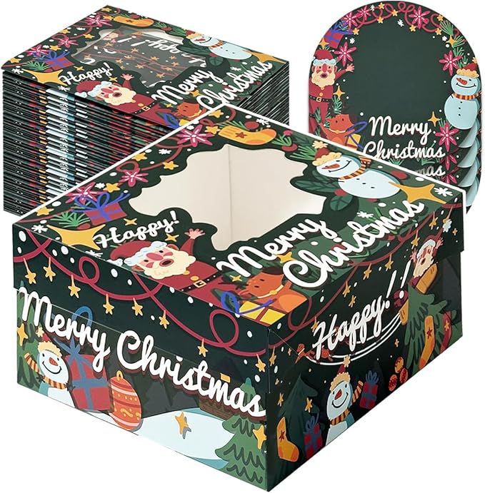 qiqee Christmas 12x12x6 Cake Box, 4Sets Christmas Cake Box with Window ＆ 4Sets 12 Inch Christmas Snow Man Cake Round Boards, 12inch Cake Containers