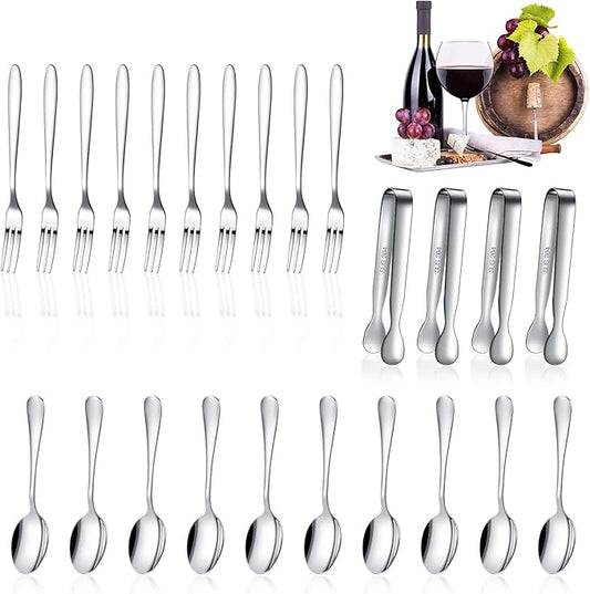 Cunhill 24 Pcs Charcuterie Accessories Mini Cocktail Tongs Small Serving Spoons and Appetizer Forks Stainless Steel Tongs Charcuterie Utensils for Valentine Party Supplies(Vivid Sharp Spoon,Silver)