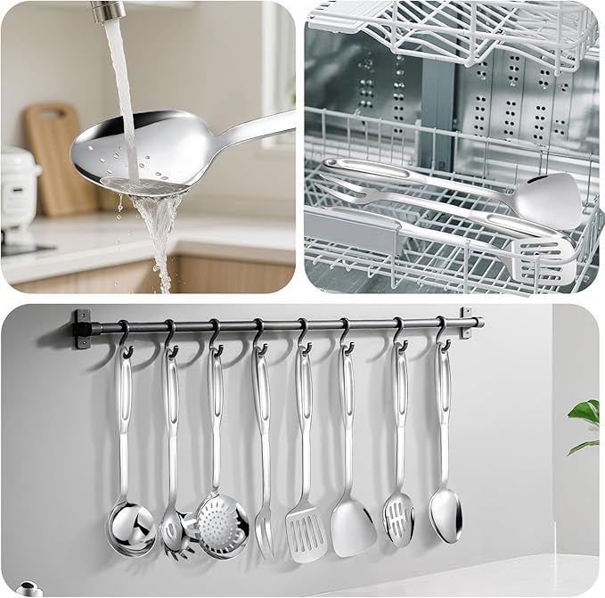 304 Stainless Steel Kitchen Utensils Set, 10 Pcs Stainless Steel Cooking Utensils Set, Heat Resistant Metal Kitchen Tools Spatulas Set, Spatulas, Spoons, Ladle, Meat Fork and Skimmer