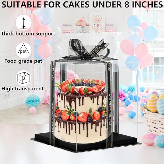 8x8x9Inch Clear Cake Box 8Pcs Tall Cake Box Clear Cake Boxes Treat Boxes Cake Transport Container Tall Cake Carrier Cake Carriers for Transport CLEAR Gift Box Display Case cajas para pasteles Black