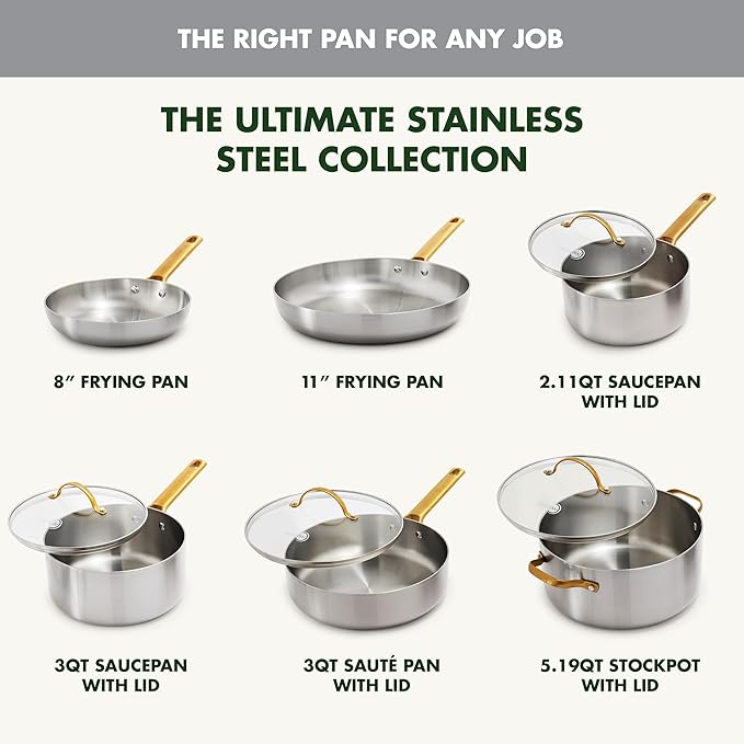 GreenPan Stainless Steel Tri-Ply Reserve 10 Piece Cookware Pots and Pans Set, Multiclad, PFAS-Free, Induction, Oven & Broiler Safe to 600°F, Heat Responsive Core, Dishwasher Safe, Glass Lids