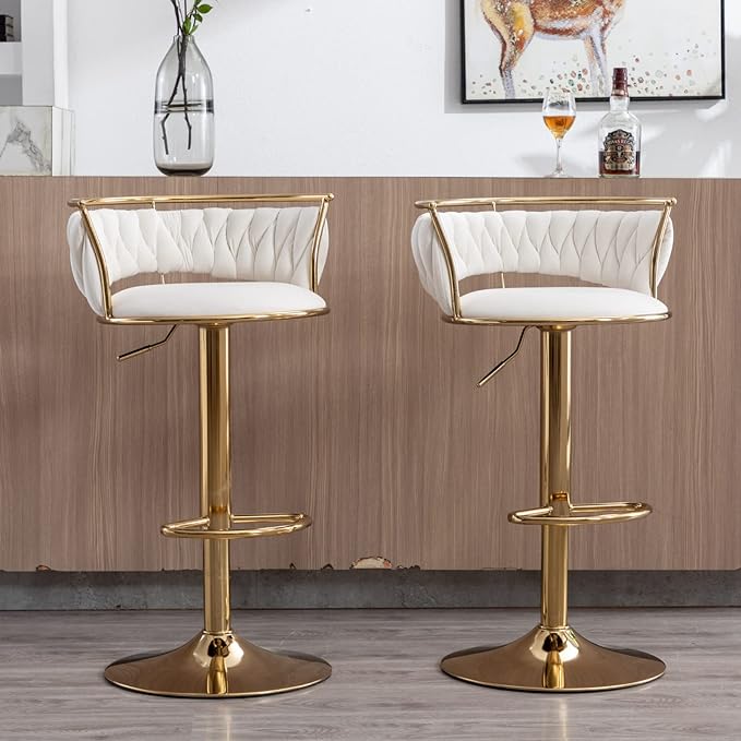 LukeAlon Modern Velvet Adjustable Barstools Set of 3, 360° Swivel Counter Stools with Golden Base Upholstered Open Back Tall Bar Chairs with Footrest for Home Pub Kitchen, White