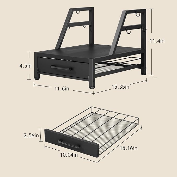 K Cup Holder Drawer - K Cup Storage Organizer, Coffee Pod Drawer with Hooks, Durable Iron-Wood Design, Space-Saving Coffee Station Organizer for Kitchen Counter