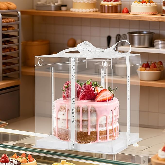 cake box-8 * 8 * 9inch/8pcs, Clear Display Gift Boxes with RibbonStackable Food Storage Containers for Pastry (Clear, 8 * 8 * 9 inch/8pcs)