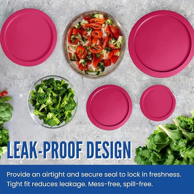 Replacement Lids for Pyrex 2-Cup Glass Food Storage Container Bowls, 5-Inch Plastic Round Lids Covers fits Pyrex 7200-PC, Airtight & Leakproof (2-Pack, Fuchsia)