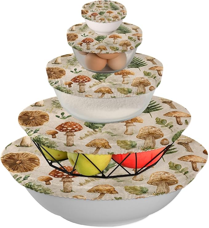5 Pcs Bowl Covers Reusable in 5 Size Elastic Food Cover Cloth Lids Fresh Keeping Dish Cookware Bakeware Fabric Covers Lids for Food Leftovers Fruits Storage Watercolor Mushrooms Leaves Beige