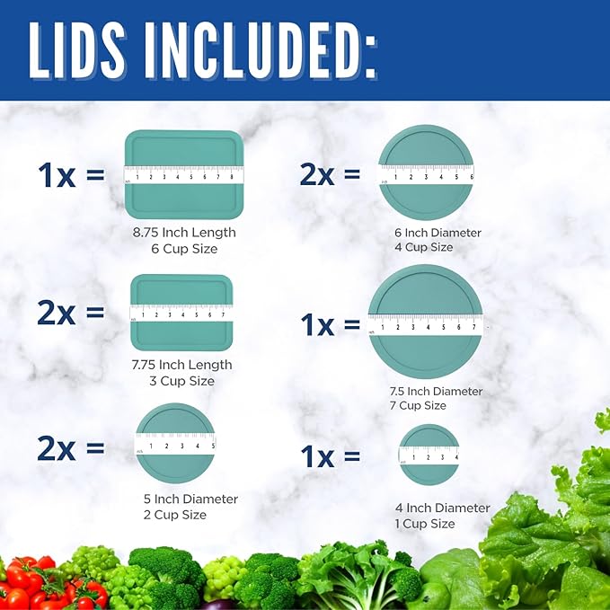 Replacement Lids for Pyrex Glass Food Storage Containers Rectangular (1) 1-Cup (2) 2-Cup (2) 4-Cup (1) 7-Cup (2) 3-Cup (1) 6-Cup Round Rectangle (Turquoise)