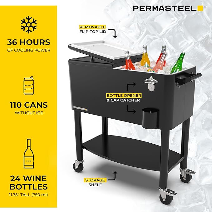 Permasteel 80 Quart Party Cooler, Rolling Ice Chest with Wheels and Handles for Indoor Outdoor Patio