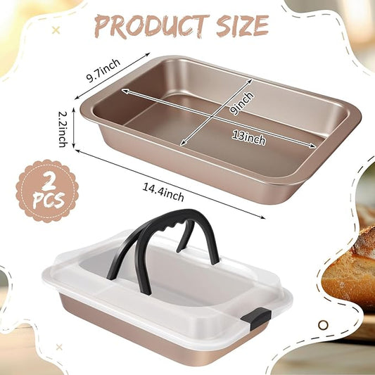 2 Pcs Cake Baking Pan with Lid and Handle, 9 x 13 Inch Non-stick Rectangle Sheet Cake Pan Carrier for Brownie Roasting Cooking Baking (Gold)